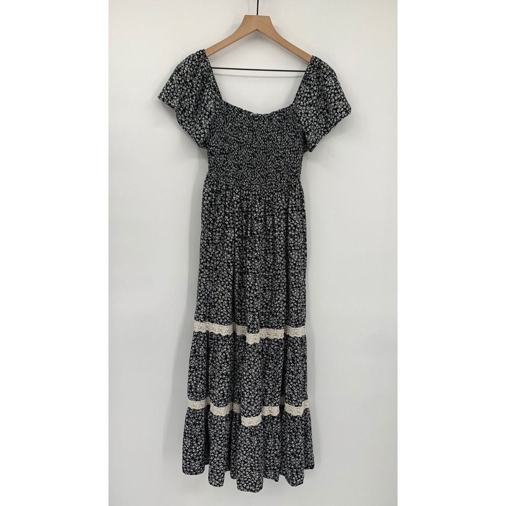 In Loom Dress Womens Small Black Floral Smocked Lace Tiered Maxi Cottage